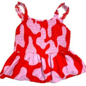 Smocked Cotton Tank Top Pink Red Abstract Boho 1X Ava & Viv